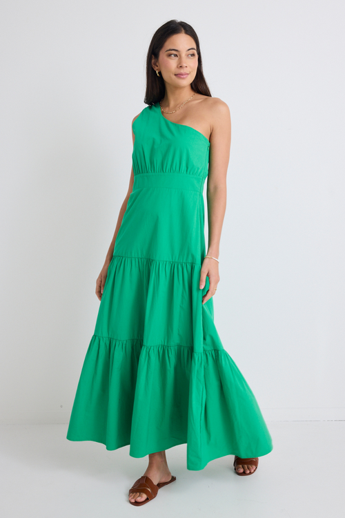 model wears tiered one shoulder green maxi dress