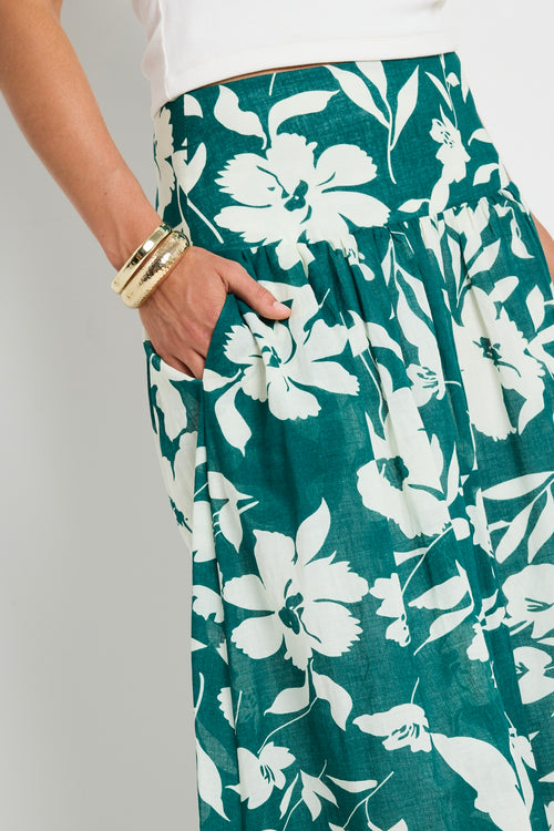 model wears Green Floral Cotton Maxi Skirt 