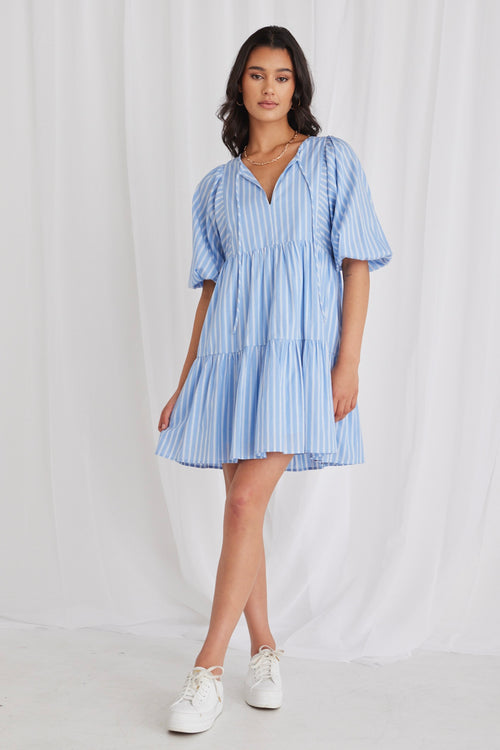 Provocation Blue Stripe Frill Hem Half Sleeve Smock Mini Dress WW Dress Among the Brave   