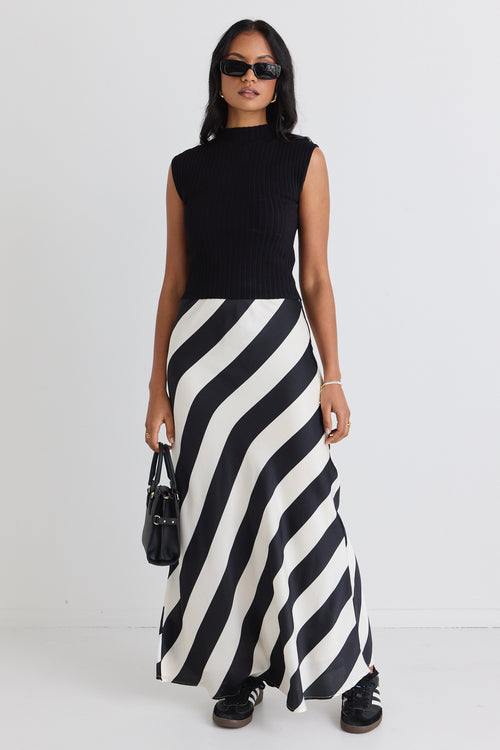 Black White Stripe Satin Bias Maxi Skirt