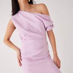 model wears a off the shoulder lilac midi dress