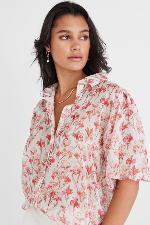 Rested Red Lillies Bubble Sleeve Shirt WW Top Among the Brave   