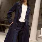 model wears a Blue Denim Trench Coat