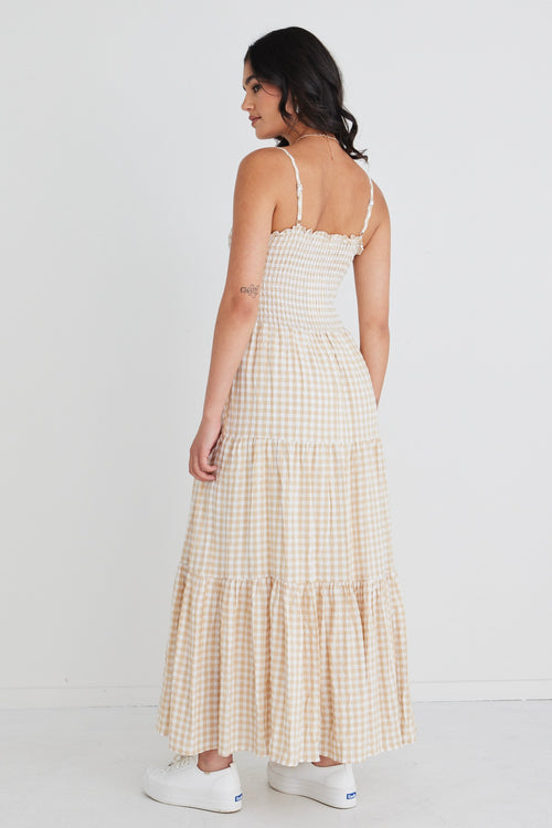 Serenity Sand Gingham Strappy Shirred Bodice Tiered Maxi Dress WW Dress Ivy + Jack   