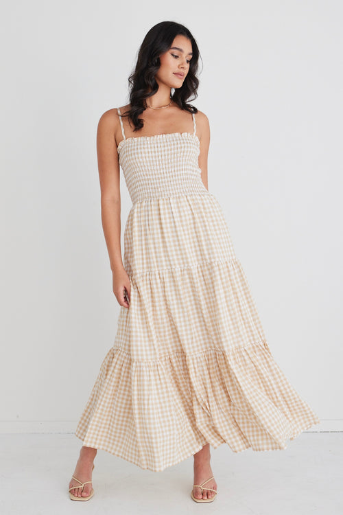 Serenity Sand Gingham Strappy Shirred Bodice Tiered Maxi Dress WW Dress Ivy + Jack   