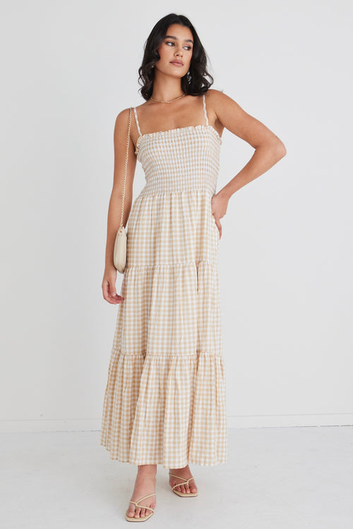 Serenity Sand Gingham Strappy Shirred Bodice Tiered Maxi Dress WW Dress Ivy + Jack   