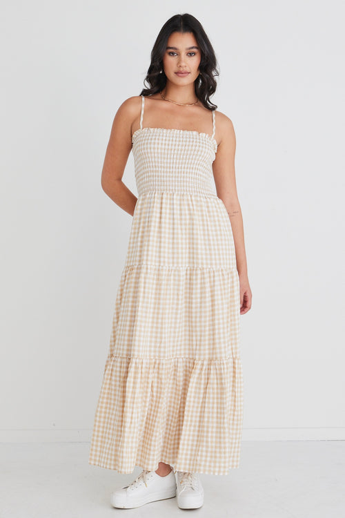 Serenity Sand Gingham Strappy Shirred Bodice Tiered Maxi Dress WW Dress Ivy + Jack   