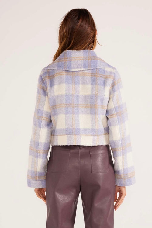 model wears a Blue Check Cropped Jacket