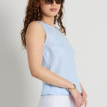 model wears Light Blue Linen Top