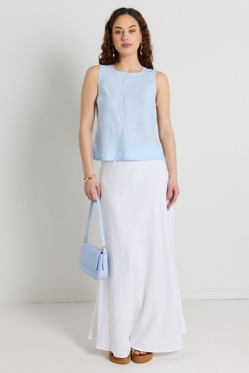 model wears Light Blue Linen Top