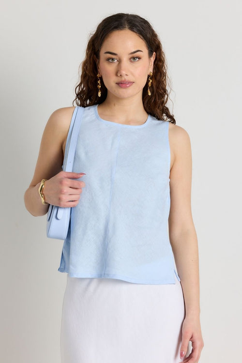 model wears Light Blue Linen Top