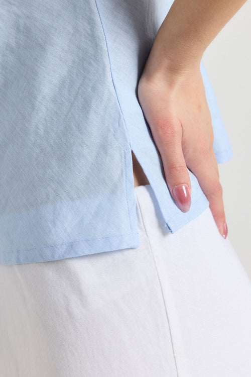 model wears Light Blue Linen Top