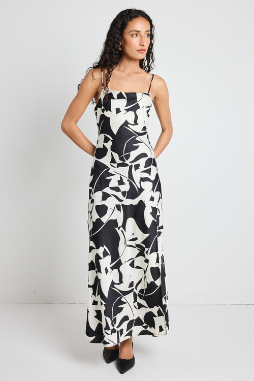 model wears a black and white maxi dress