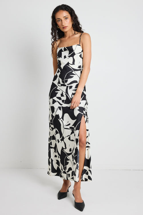 model wears a black and white maxi dress