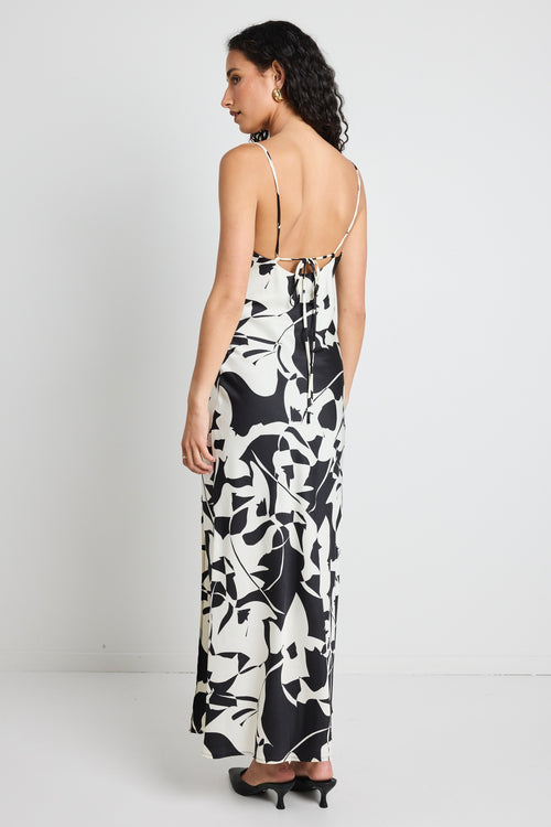 model wears a black and white maxi dress