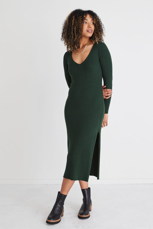 Skillful Forest Rib Knit LS V Neck Midi Dress WW Dress Among the Brave   