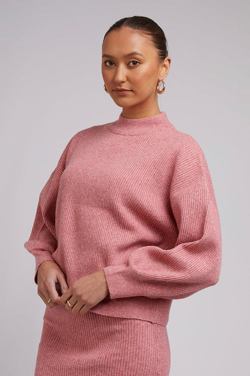 Model wears a Pink Knit with a pink skirt