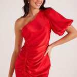 Red Satin One Shoulder Mini Dress