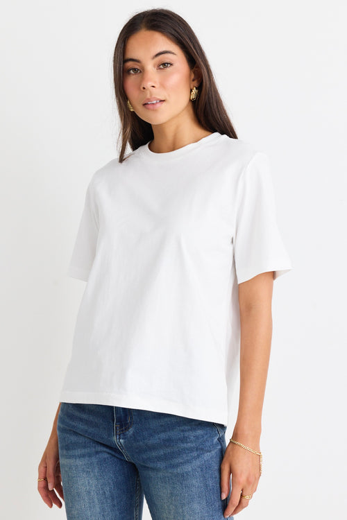 model wears a white t-shirt