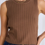 model wears a brown rib knit top