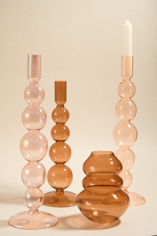 glass vase and glass candle holders