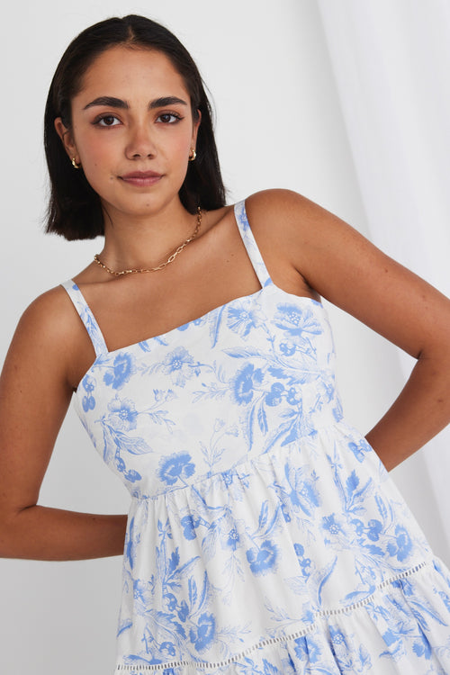 model posing in floral blue long dress