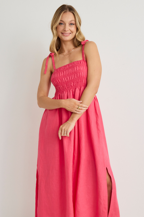 model wears Pink Linen Midi Dress