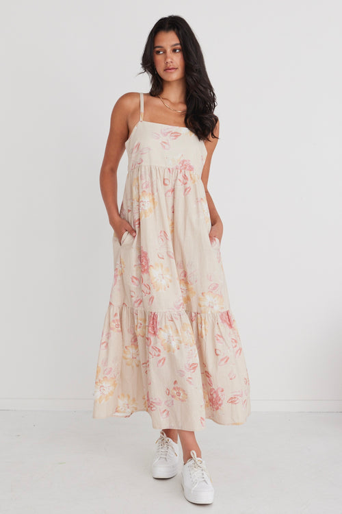 Venus Natural Flower Strappy Tiered Maxi Dress WW Dress By Rosa.   