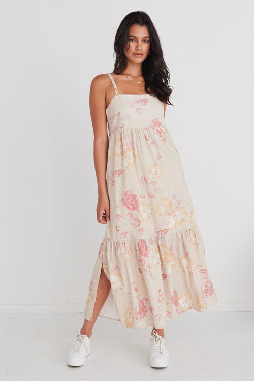 Venus Natural Flower Strappy Tiered Maxi Dress WW Dress By Rosa.   