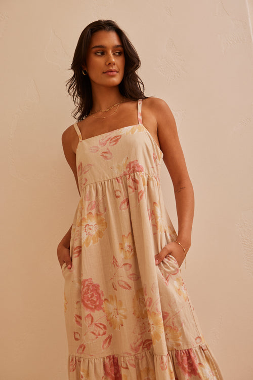 Venus Natural Flower Strappy Tiered Maxi Dress WW Dress By Rosa.   