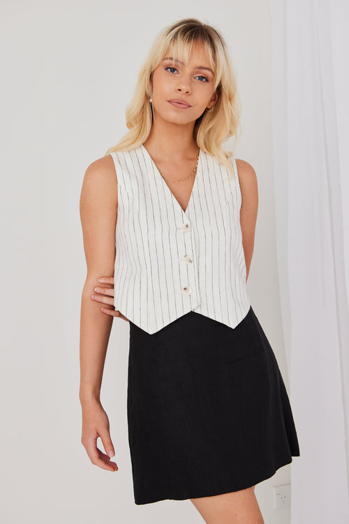 Veritable White Pinstripe Linen Vest WW Top RE:Union   