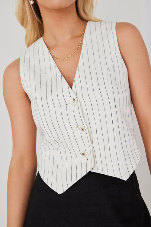 Veritable White Pinstripe Linen Vest WW Top RE:Union   