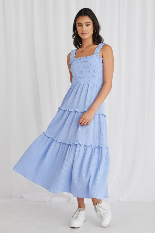 Worthy Powder Blue Shirred Tiered Strappy Maxi Dress WW Dress Among the Brave   