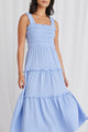 Worthy Powder Blue Shirred Tiered Strappy Maxi Dress