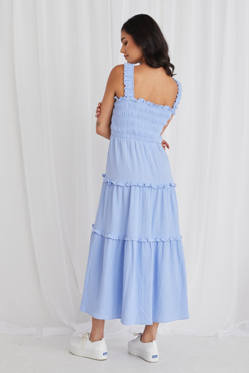 Worthy Powder Blue Shirred Tiered Strappy Maxi Dress WW Dress Among the Brave   