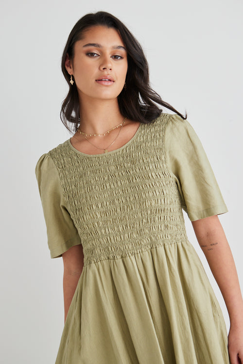 Wren Moss Poplin SS Shirred Bodice Midi Dress WW Dress RE:Union   