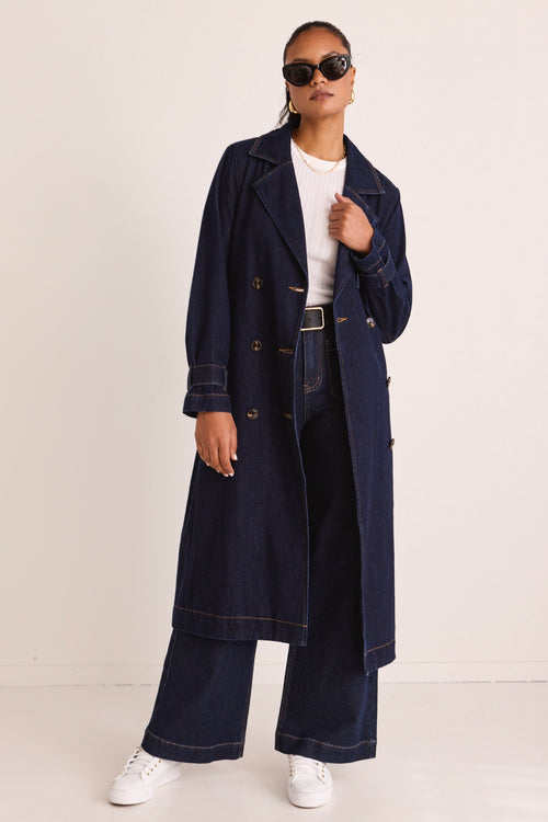 model wears a Blue Denim Trench Coat