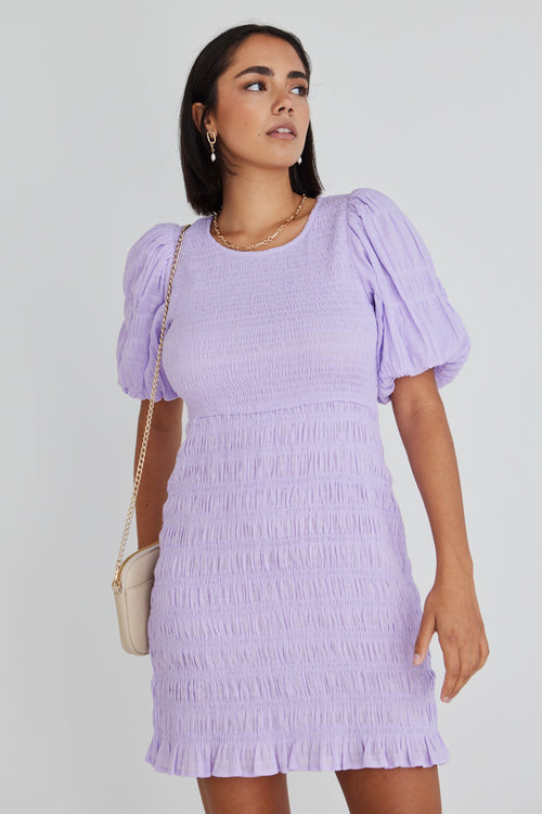 Bijou Lilac Puff SS Shirred Body Mini Dress WW Dress Ivy + Jack   