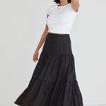 Blazing Black Tiered Linen Midi Skirt