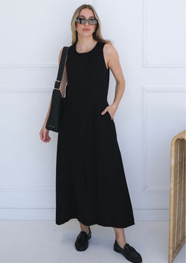 Easygoing Black Linen Blend Sleeveless Crew Neck Midi Dress