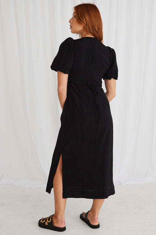 Elder Black Puff Sleeve Tie Midi Dress WW Dress Stories be Told   