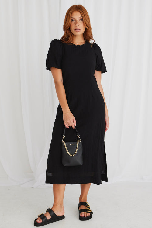 Elder Black Puff Sleeve Tie Midi Dress WW Dress Stories be Told   