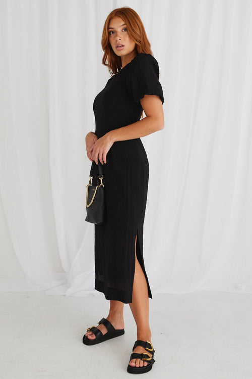 Elder Black Puff Sleeve Tie Midi Dress WW Dress Stories be Told   