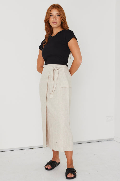 Grounded Natural Linen Wrap Cargo Midi Skirt WW Skirt RE:Union   