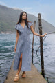 Flawless Navy Gingham Cotton Fluted Sleeve Button Front Midi Dress