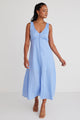 Girl Next Door Mid Blue Linen Sleeveless Button Front Midi Dress