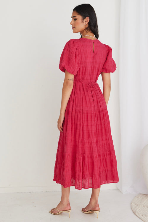 Graceful Raspberry Shirred Cotton Bubble Sleeve Tiered Maxi Dress WW Dress Ivy + Jack   