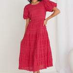 Graceful Raspberry Shirred Cotton Bubble Sleeve Tiered Maxi Dress WW Dress Ivy + Jack   