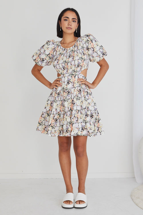 Hailey Black Floral Shirred Cotton Puff Ss Waist Cut Out Tiered Mini Dress WW Dress Ivy + Jack   