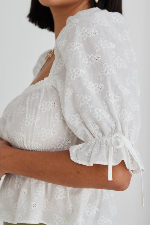 model wears white top